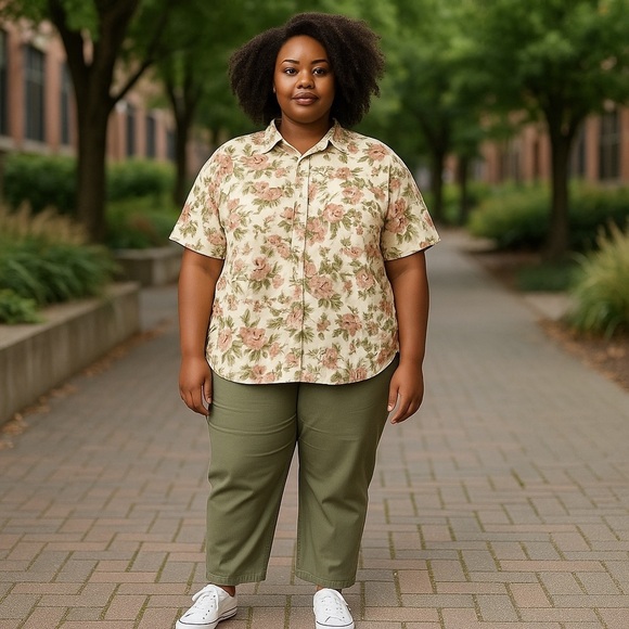 QUIZZ NEW YORK WOMEN PLUS SIZE SS BLOUSE SZ 22 GREEN PINK ROSE PRINT BUTTON UP - Picture 1 of 6